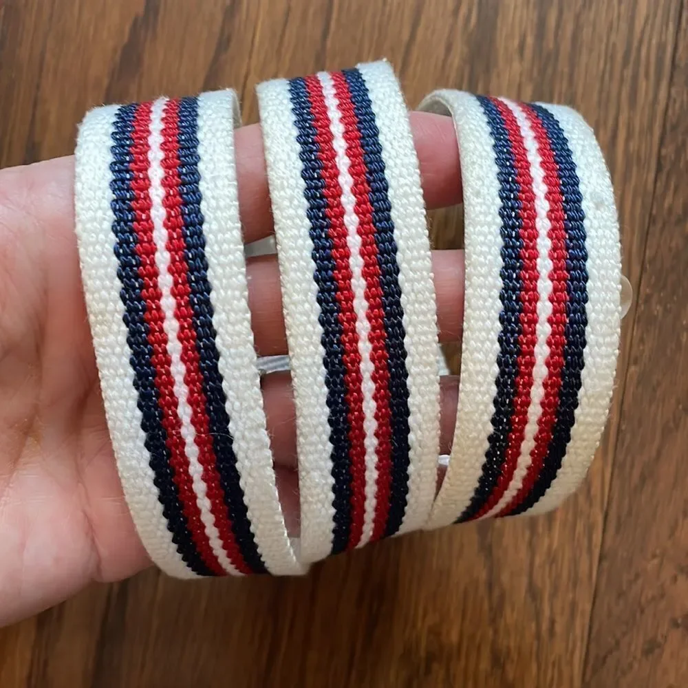 Vtg 80s red, white & navy blue canvas‎ belt with gold anchor military type clasp